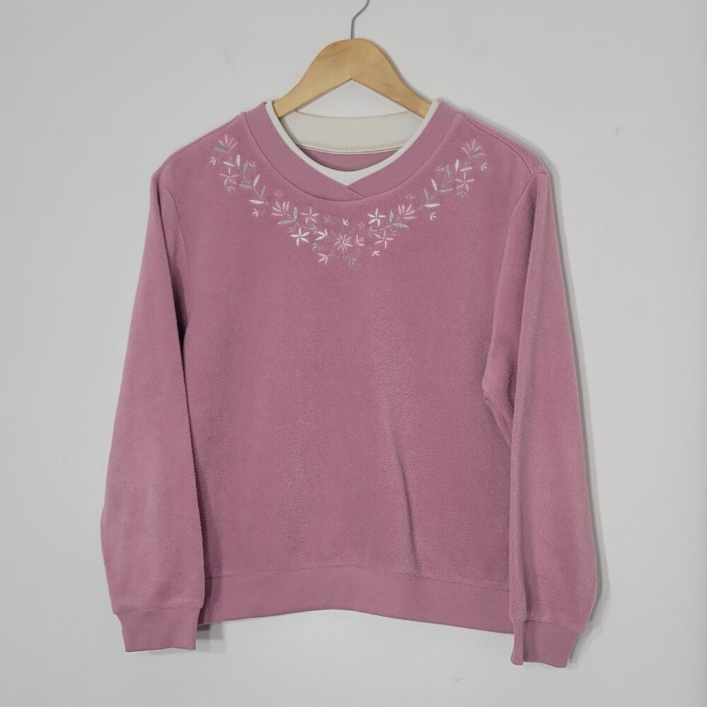 Vintage Pink Floral Embroidered Cozy Round Neck Long Sleeve Fleece Sweatshirt